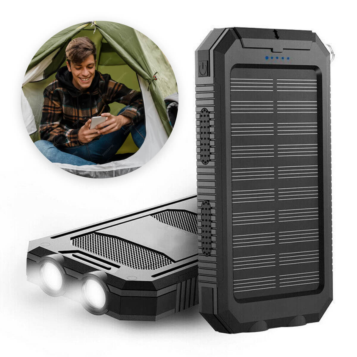 Robust solcellelader med to USB-porter og en lyssterk LED-lommelykt, et must for camping og reiser.