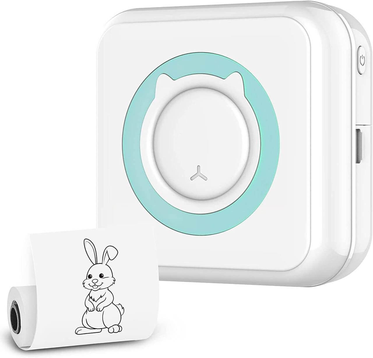 Bærbar termisk miniskriver i hvitt for notater og bilder, trådløs Bluetooth-tilkobling, blekkfri utskrift.