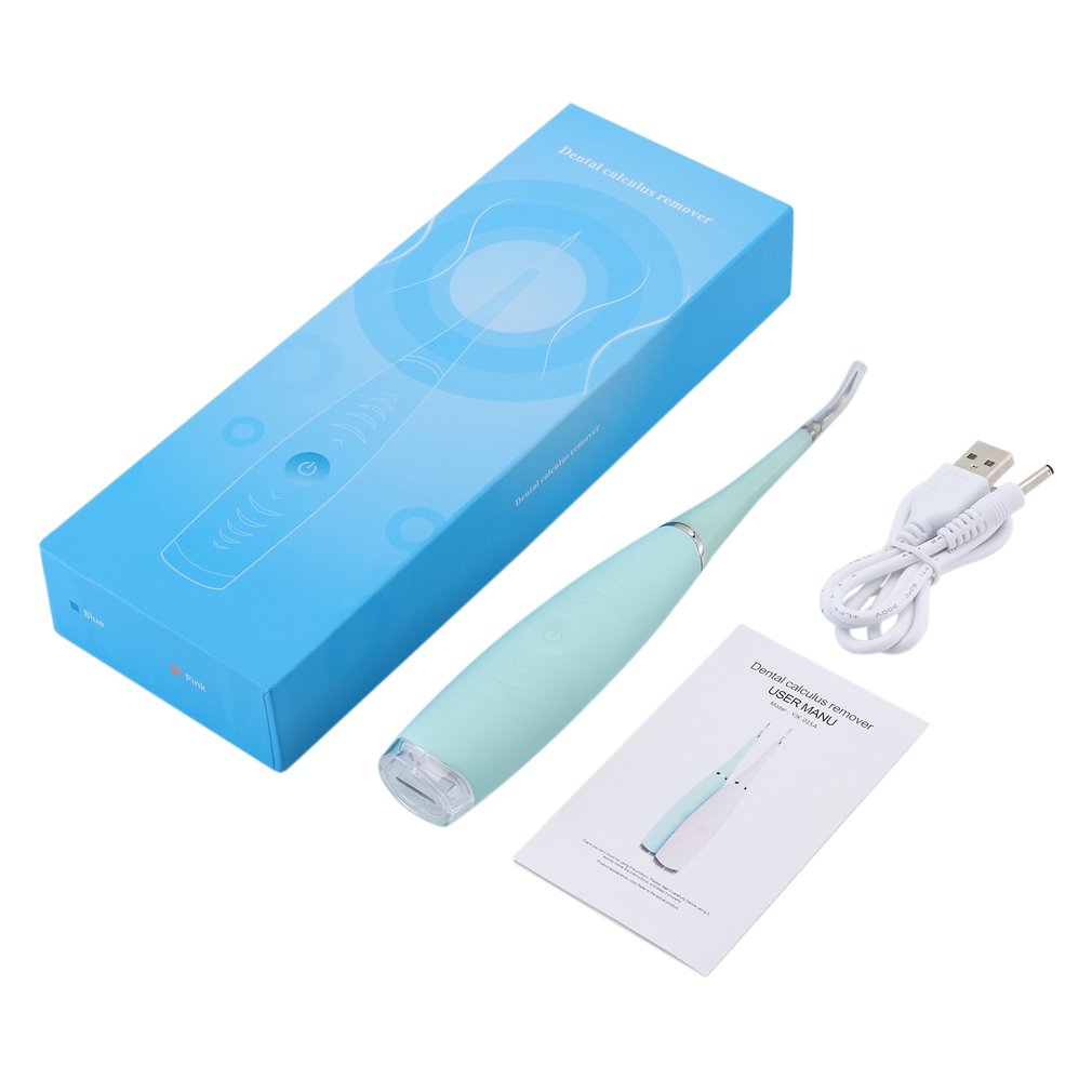 Kompakt bærbar tannsteinfjerner med ultralyd, ideell for dental pleie hjemme eller på reise.