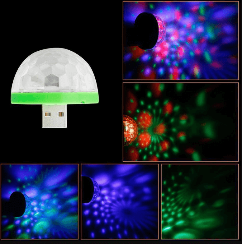 Festklar LED discolyssopp via USB, lydaktivert for dynamiske effekter, bærbar og enkel i bruk.