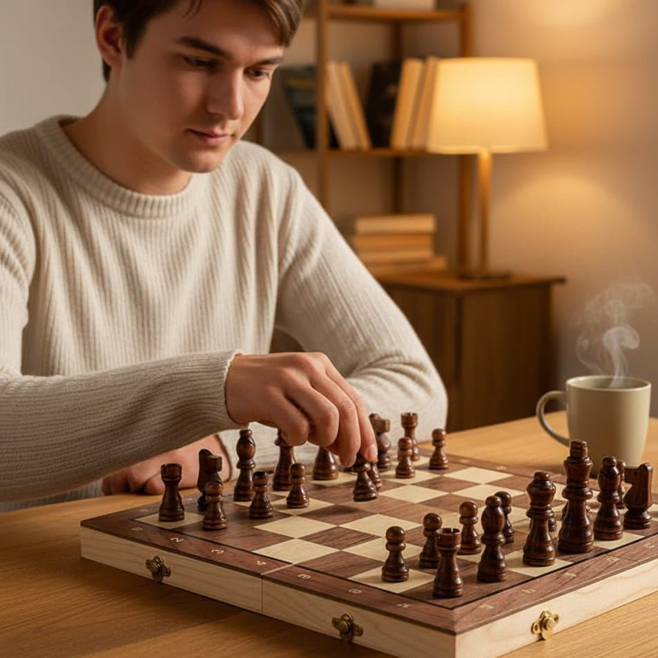 Magnetisk sjakksett i tre med sammenleggbart brett. Et tidløst strategispill for reise og hygge hjemme.