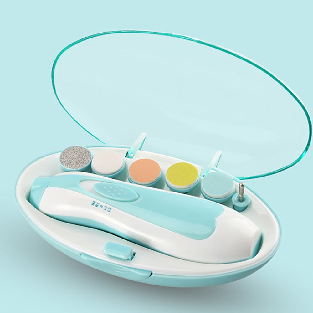 Bærbar elektrisk negletrimmer for baby, lys grønn med LED-lys og flere filer for nyfødtpleie.