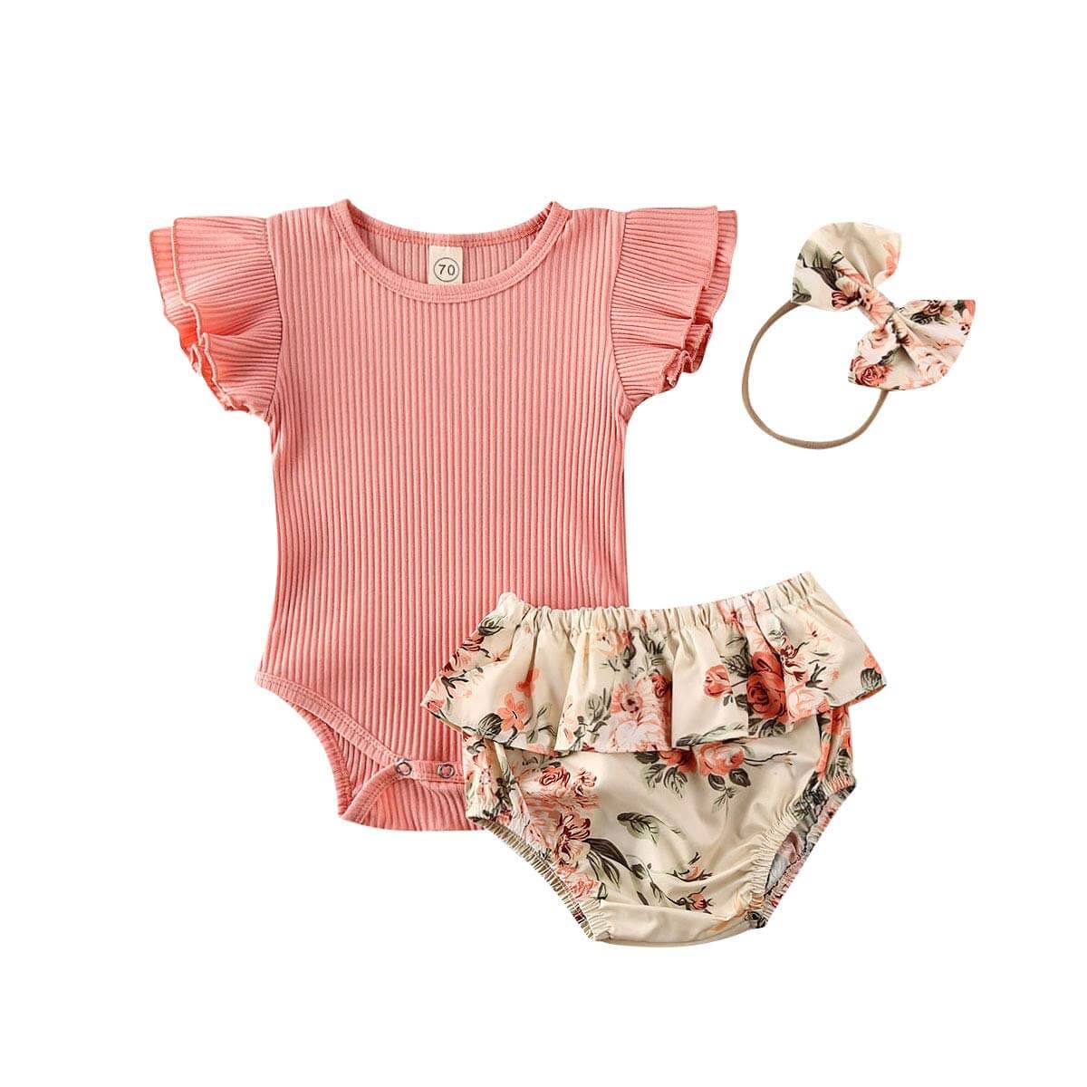 Babyjente volang ribbet shorts sett med blomsterprint, kortermet body, shorts og pannebånd, sommerlig.
