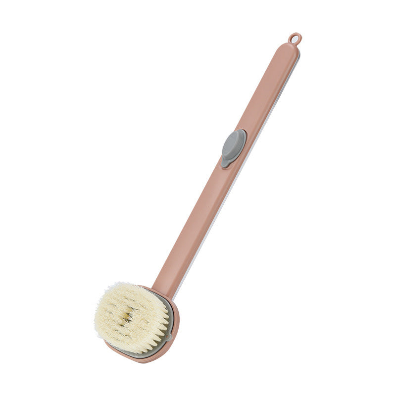 Bademassasjebørste med langt skaft, ergonomisk design og innebygd dusjgelé, ideell for eksfoliering av hele kroppen.
