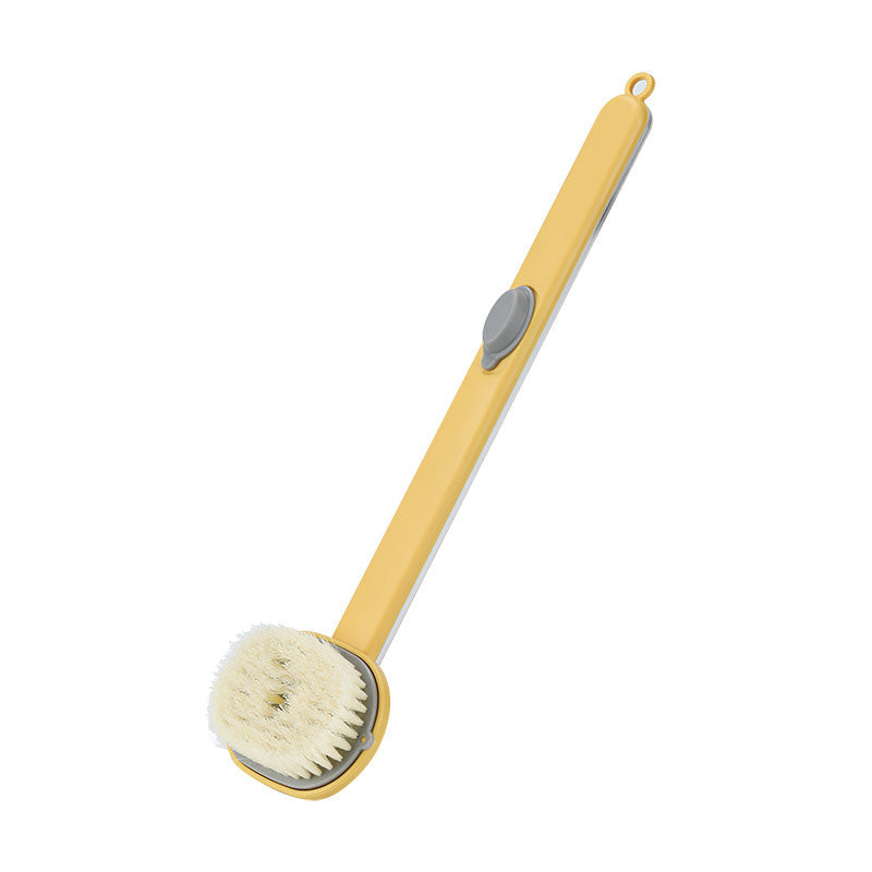 Bademassasjebørste med langt skaft, ergonomisk design og innebygd dusjgelé, ideell for eksfoliering av hele kroppen.