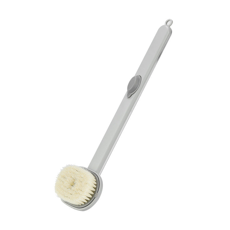 Bademassasjebørste med langt skaft, ergonomisk design og innebygd dusjgelé, ideell for eksfoliering av hele kroppen.
