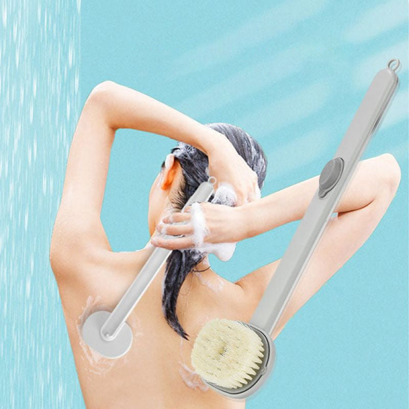 Bademassasjebørste med langt skaft, ergonomisk design og innebygd dusjgelé, ideell for eksfoliering av hele kroppen.