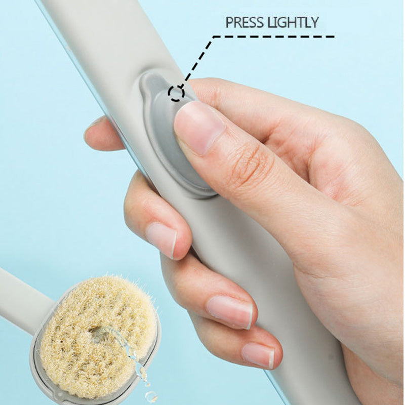 Bademassasjebørste med langt skaft, ergonomisk design og innebygd dusjgelé, ideell for eksfoliering av hele kroppen.