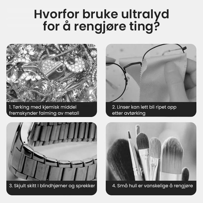 "Bærbar hvit og grå ultralydrensemaskin med høy kapasitet for smykker, briller og klokker, stillegående design."