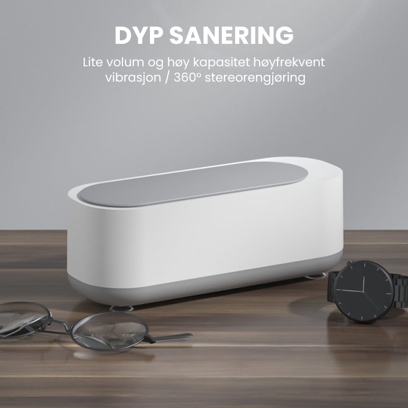 "Bærbar hvit og grå ultralydrensemaskin med høy kapasitet for smykker, briller og klokker, stillegående design."