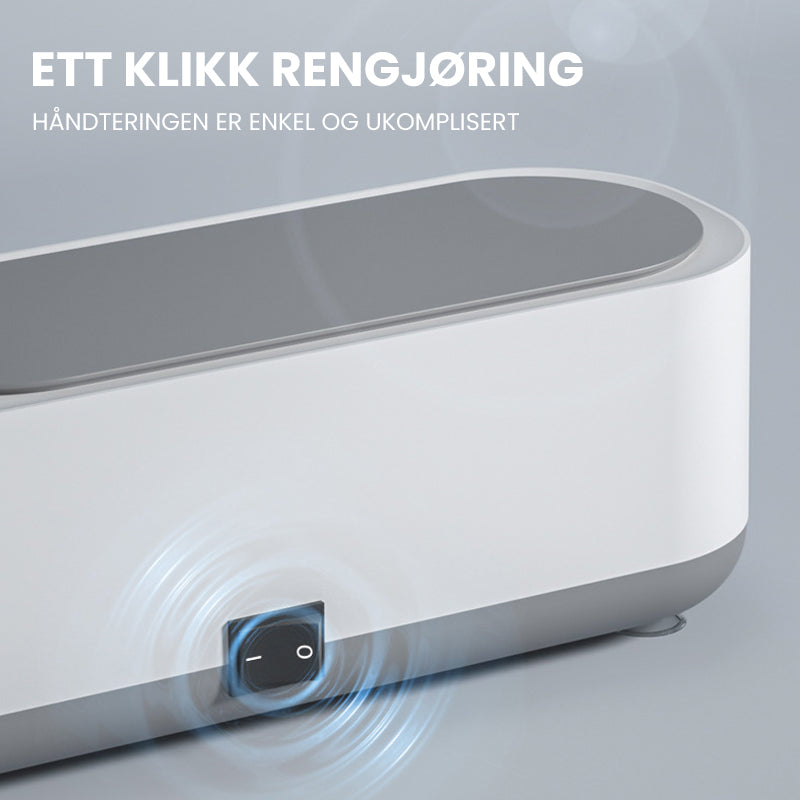 "Bærbar hvit og grå ultralydrensemaskin med høy kapasitet for smykker, briller og klokker, stillegående design."