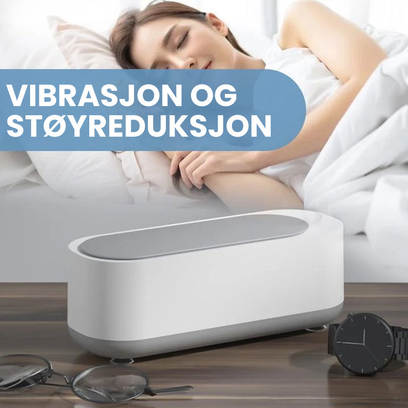 "Bærbar hvit og grå ultralydrensemaskin med høy kapasitet for smykker, briller og klokker, stillegående design."