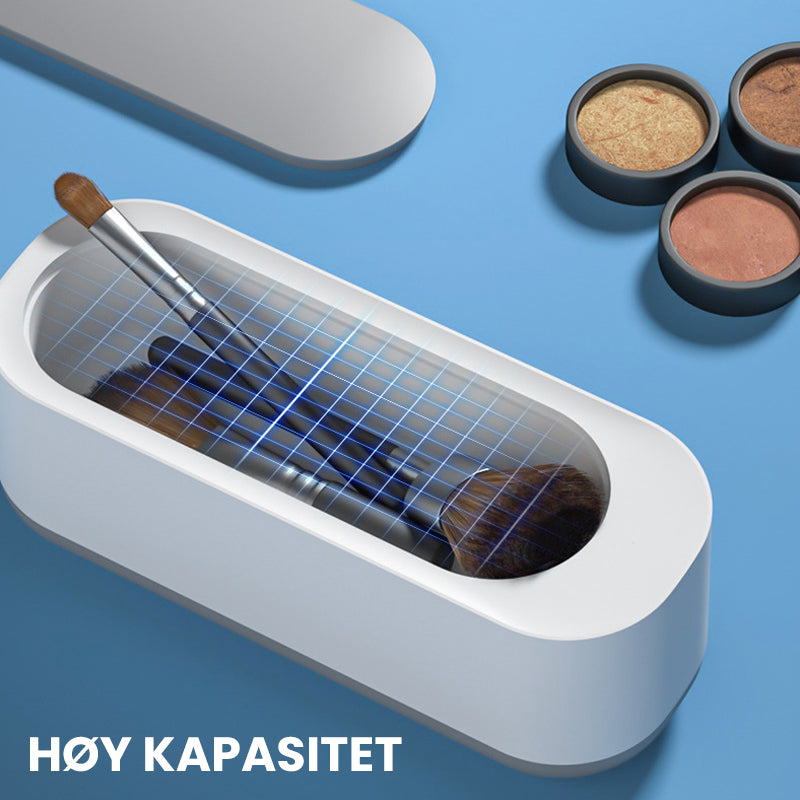 "Bærbar hvit og grå ultralydrensemaskin med høy kapasitet for smykker, briller og klokker, stillegående design."