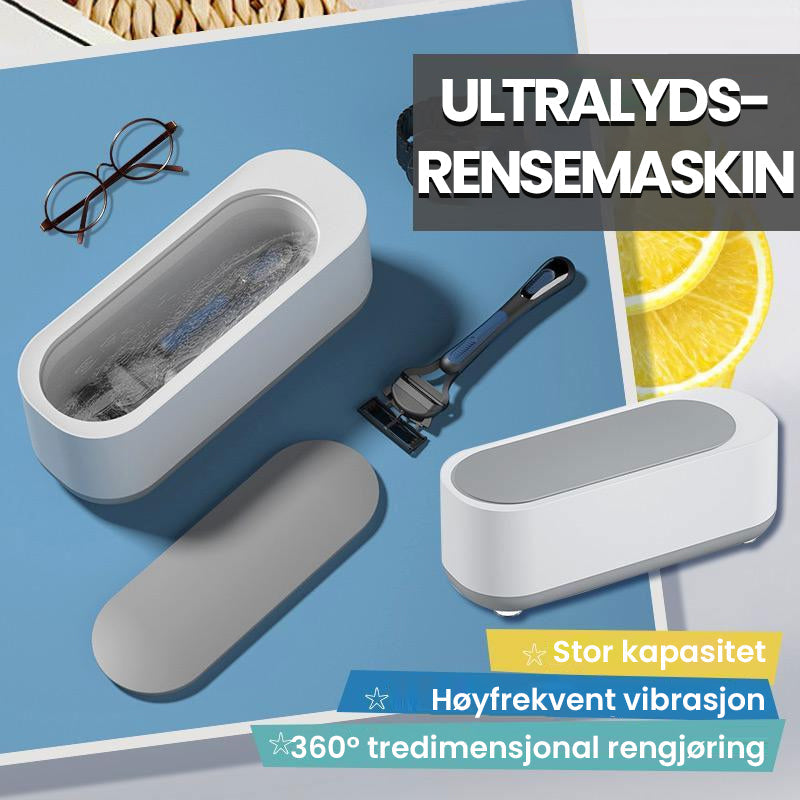 "Bærbar hvit og grå ultralydrensemaskin med høy kapasitet for smykker, briller og klokker, stillegående design."