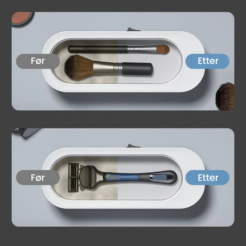 "Bærbar hvit og grå ultralydrensemaskin med høy kapasitet for smykker, briller og klokker, stillegående design."