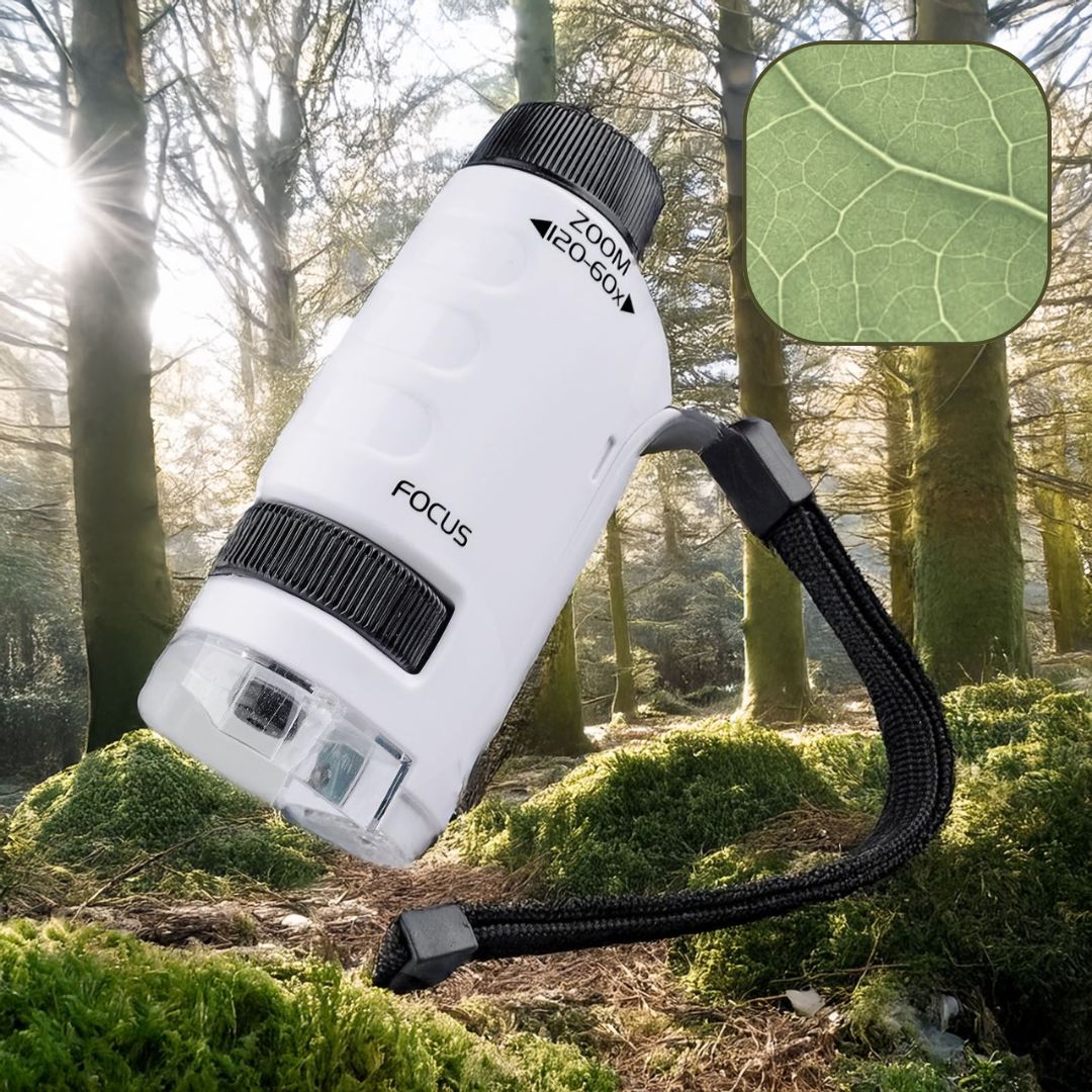 "Bærbart lomme mikroskop for barn med 60–120x forstørrelse, hvit og blå, LED-belyst for naturutforskning."