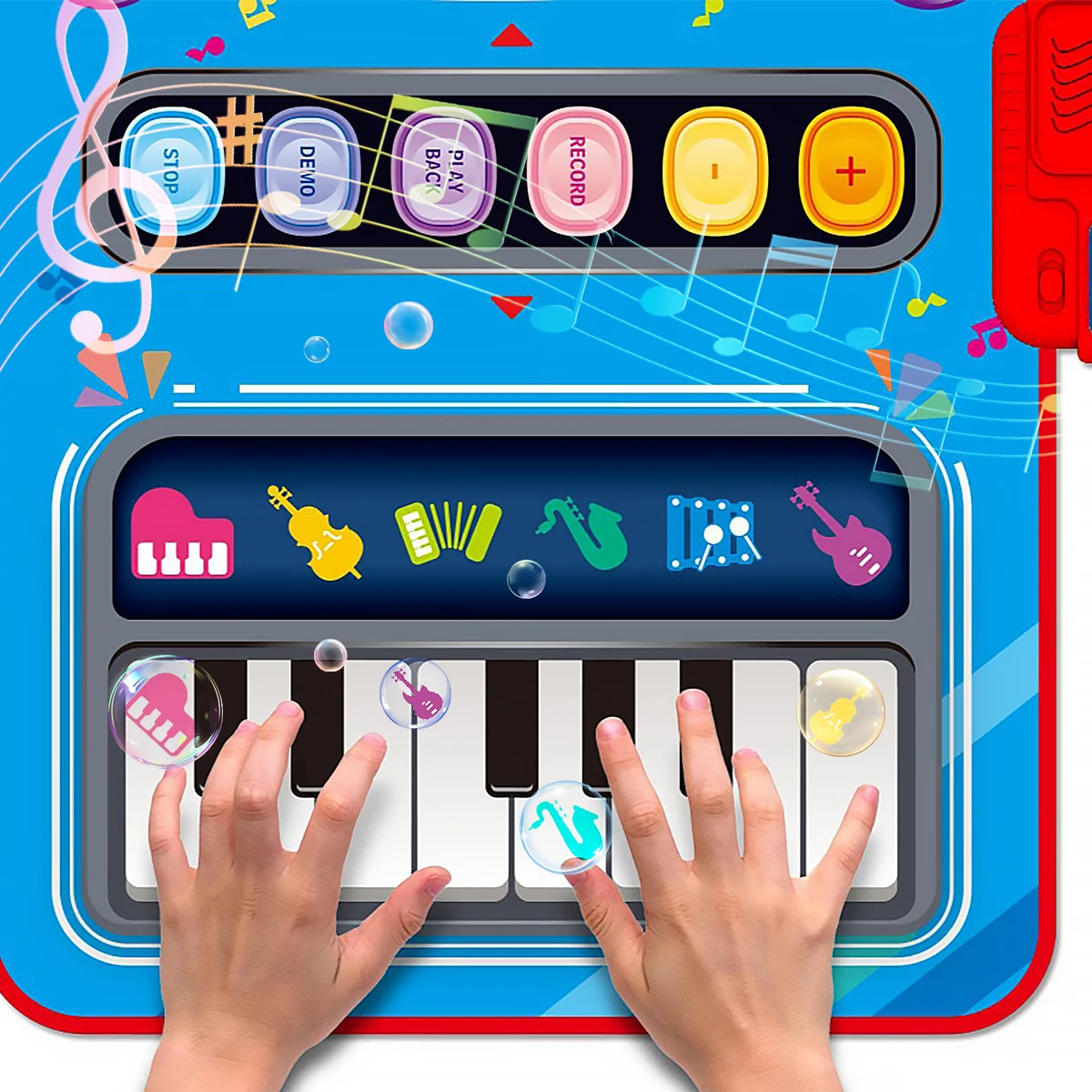 Oversiktsbilde av den interaktive lekematten med piano og trommer, viser fargerikt og engasjerende design for musikkleketøy.