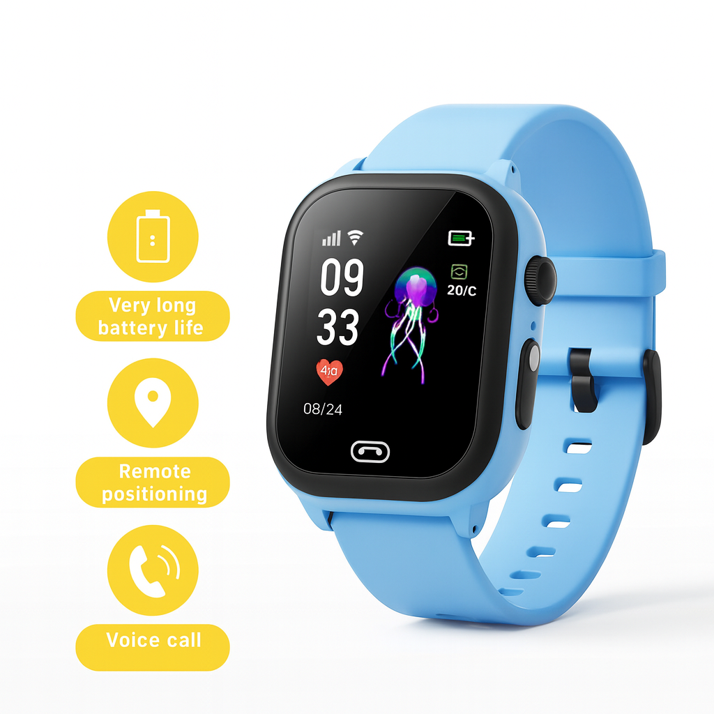 Produktbilde av flere fargerike GPS smartklokker for barn (blå, rosa, svart)