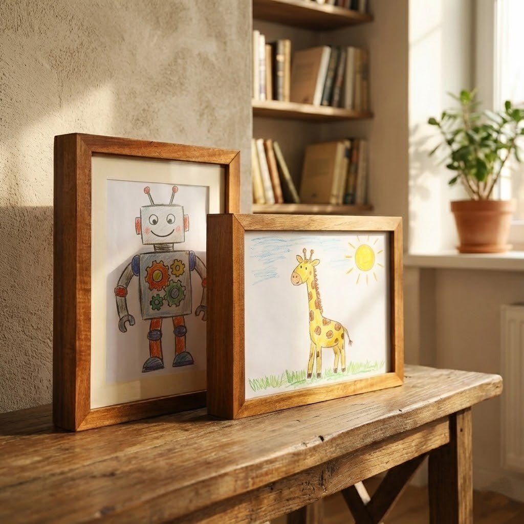 Detalj av hvit kunstramme for barn med praktisk frontåpning, viser oppbevaring av flere kunstverk bak.