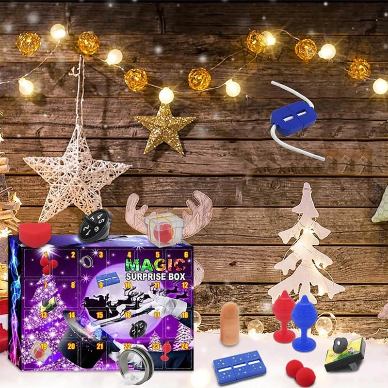 Barnas Mysterieboks adventskalender med 24 fargerike luker, perfekt for å glede barn med magiske små leker hver dag.