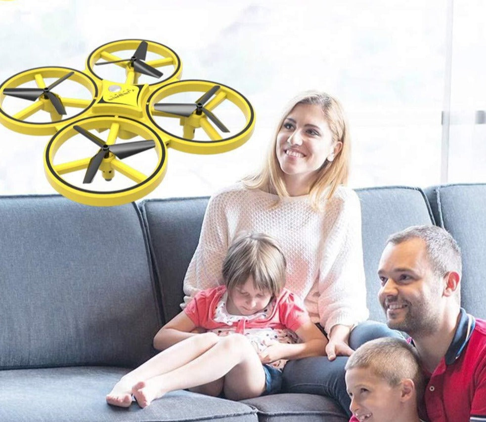 Flyvende Quadcopter Drone for barn, blå, med sensor for kollisjonsunngåelse. Morsom radiostyrt leke.