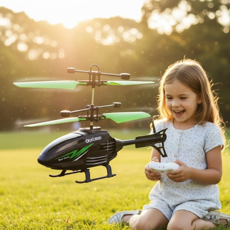 Rødt og svart minihelikopter, ideelt som gave til barn, oppladbart leketøy