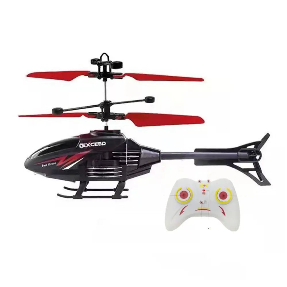 Detaljert bilde av lite fjernstyrt helikopter, klar for underholdende innendørs lek
