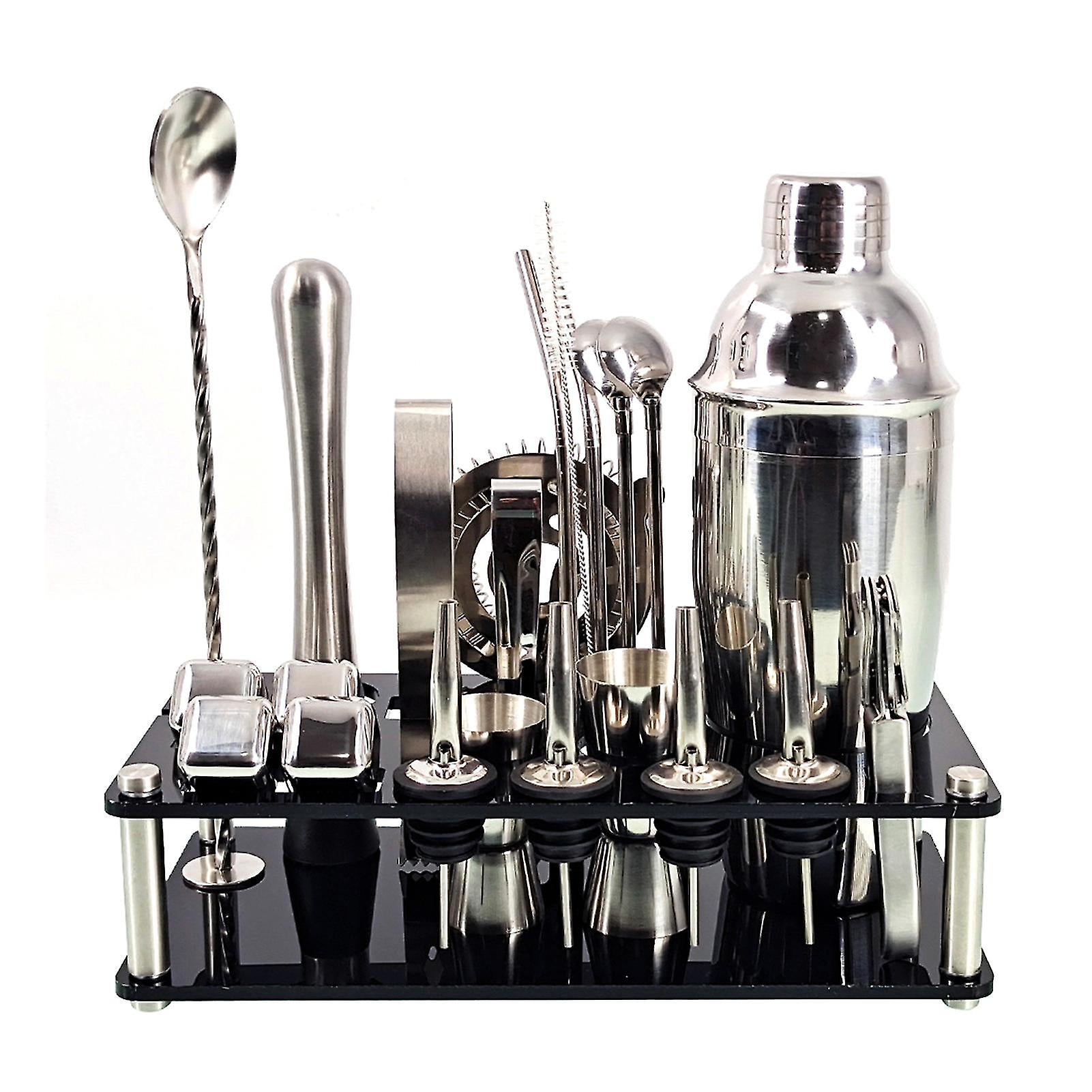 Bartender kit i sølv, 23 deler, rustfritt stål, komplett for cocktailmiksing, ideelt for hjemmebar.