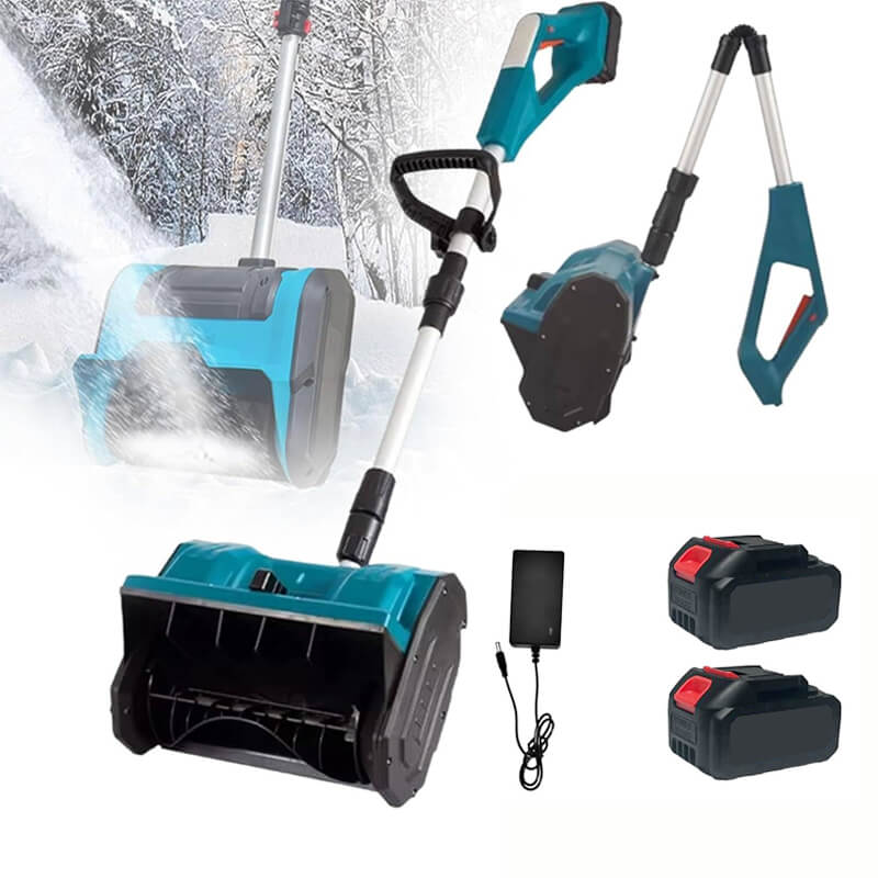 Batteridreven snøskuffe for effektiv snørydding, kompakt design, 360° justerbar deflektor for presis snøkasting.