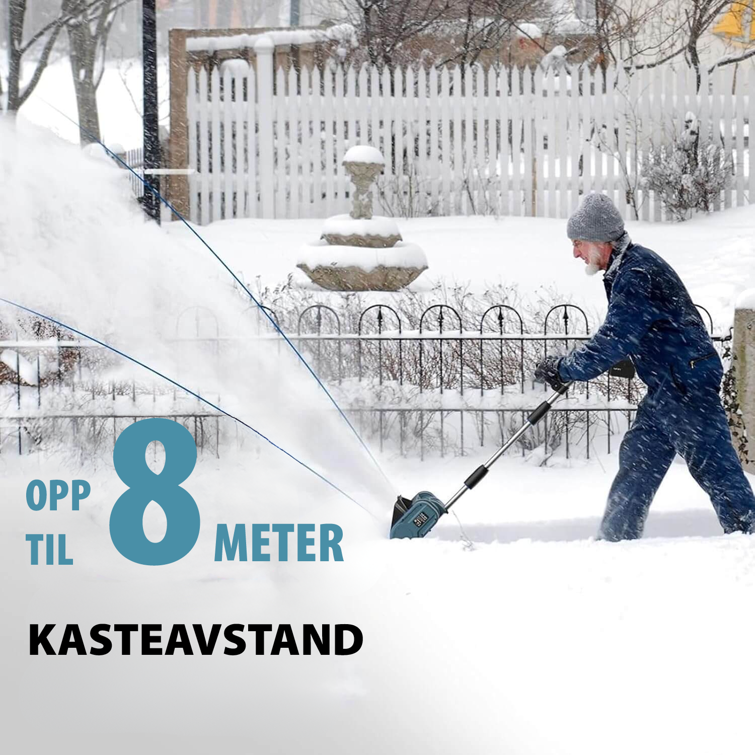 Batteridreven snøskuffe for effektiv snørydding, kompakt design, 360° justerbar deflektor for presis snøkasting.