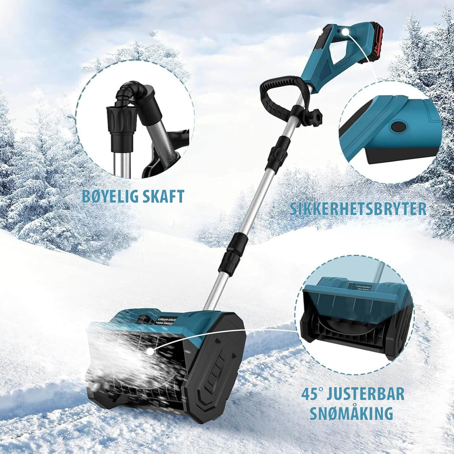Batteridreven snøskuffe for effektiv snørydding, kompakt design, 360° justerbar deflektor for presis snøkasting.