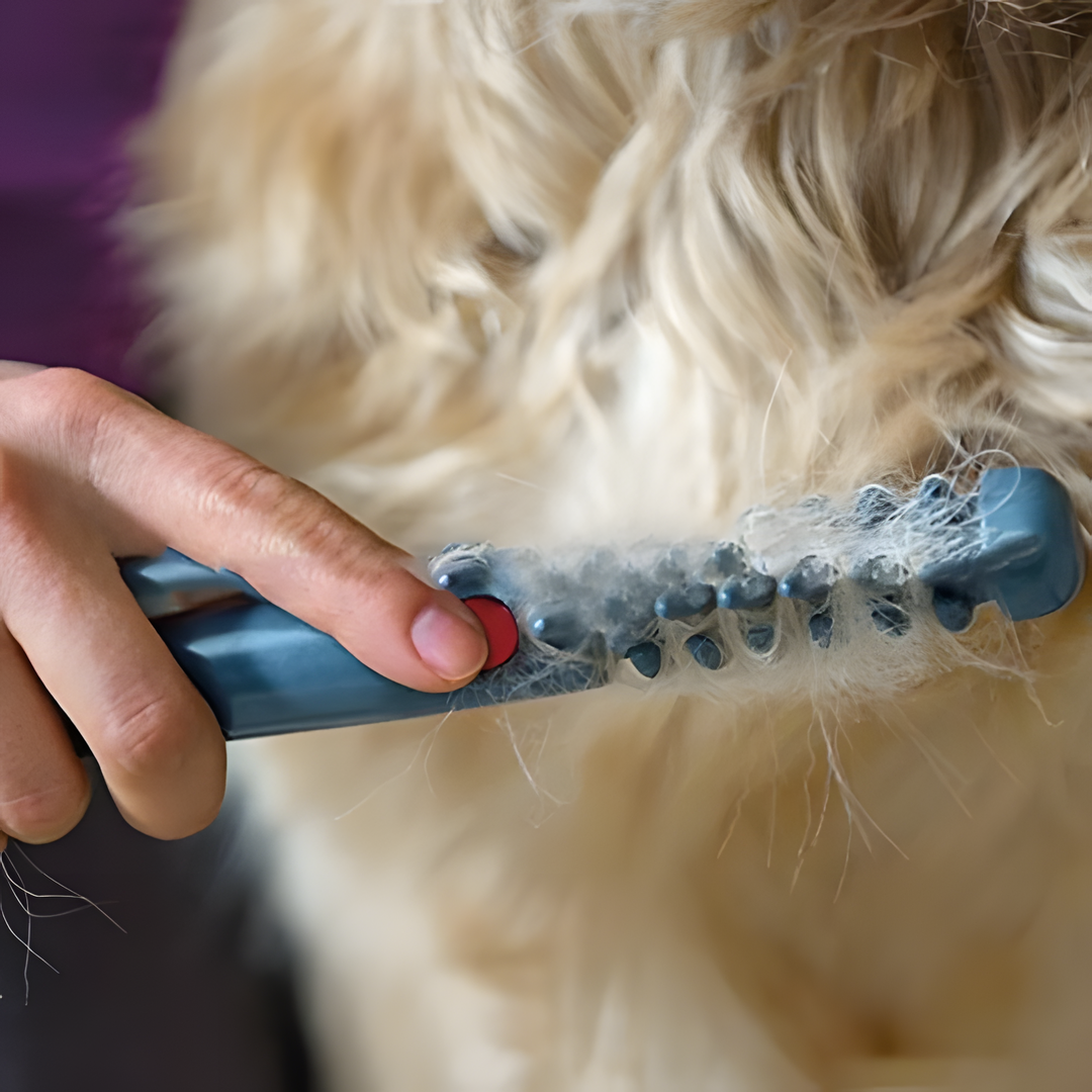 Skånsom beige flokefjerner og trimmer for kjæledyr. Perfekt for effektiv pelspleie av hund og katt.