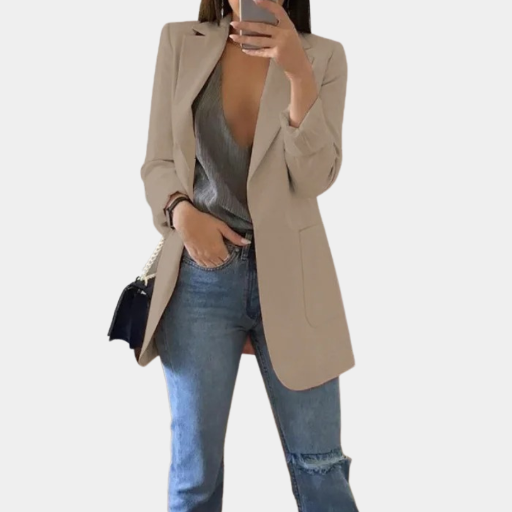 "Bella avslappet sommerblazer for kvinner i khaki, enkel knappelukking, klassisk og elegant design for stil og komfort."
