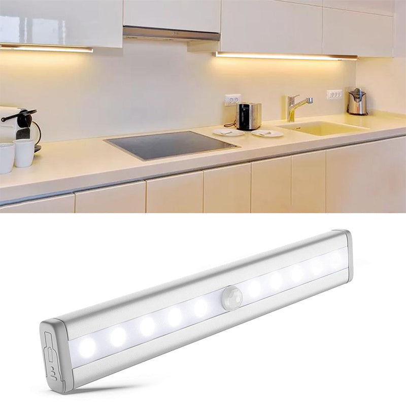 "Bevegelses-sensor LED skaplys, induksjonsdrevet, hvitt, enkel magnetisk installasjon, perfekt for hjemmets interiør."