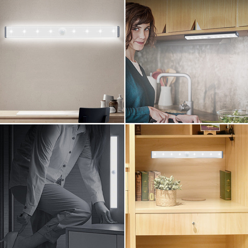 "Bevegelses-sensor LED skaplys, induksjonsdrevet, hvitt, enkel magnetisk installasjon, perfekt for hjemmets interiør."