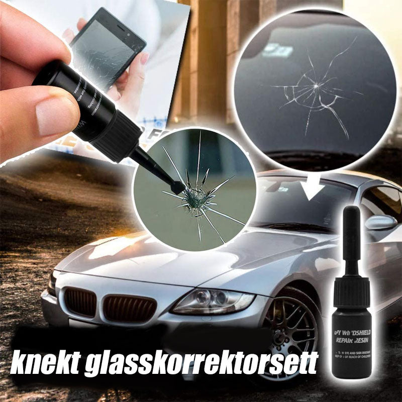 "Bilglass nano reparasjonssett for rask og enkel frontrutefiksering med klar væske og verktøy inkludert."