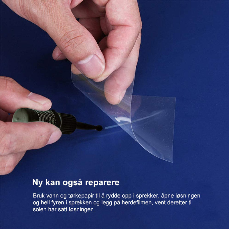 "Bilglass nano reparasjonssett for rask og enkel frontrutefiksering med klar væske og verktøy inkludert."