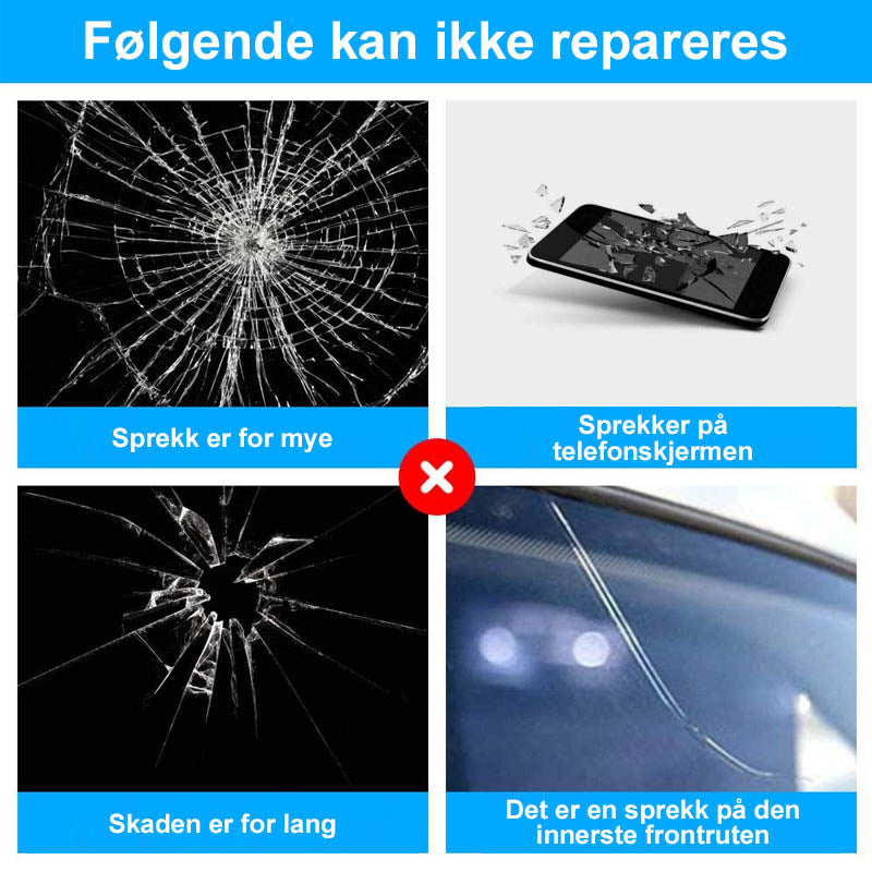 "Bilglass nano reparasjonssett for rask og enkel frontrutefiksering med klar væske og verktøy inkludert."