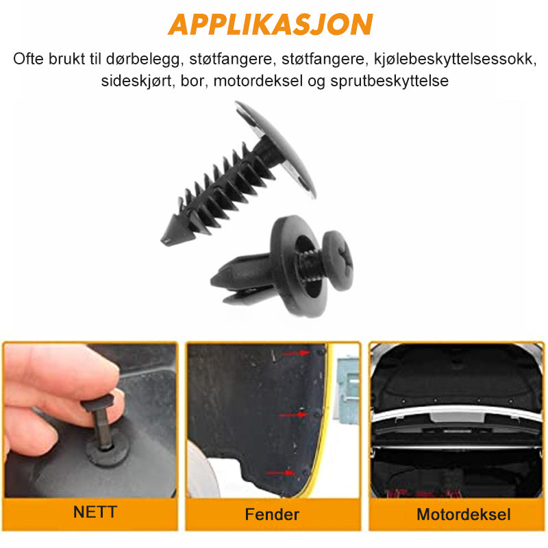 Bilkropp plastnagler i nylon, 150 stk. Perfekt for fester på biler. Slitesterke, korrosjonsbestandige. Universal størrelse.