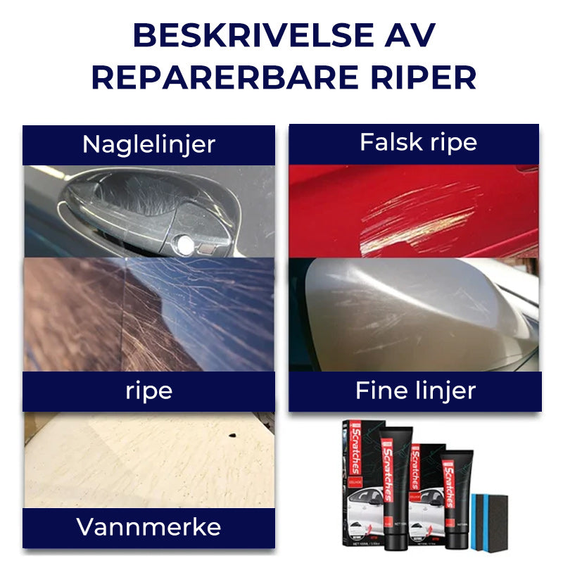 "Bilripefjerningssett med flaske, svamp og bruksanvisning, ideelt for fjerning av riper og glansfornyelse av bil."
