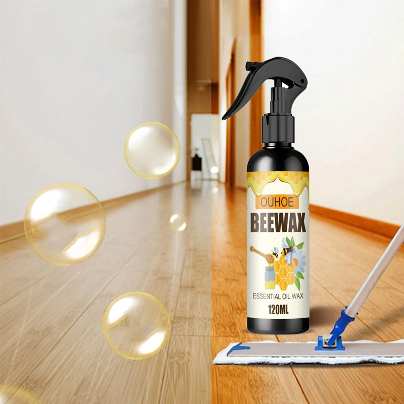 "Bivoksspray for møbelpleie, bringer glans til treoverflater, enkel sprayflaske på hvit bakgrunn."