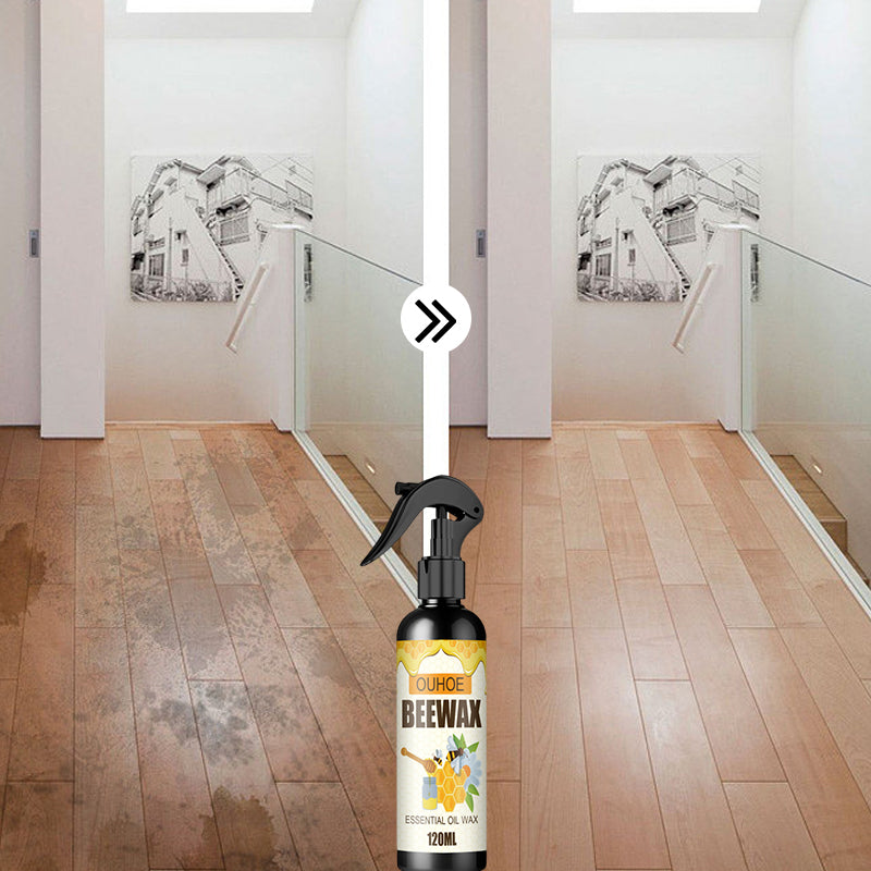 "Bivoksspray for møbelpleie, bringer glans til treoverflater, enkel sprayflaske på hvit bakgrunn."