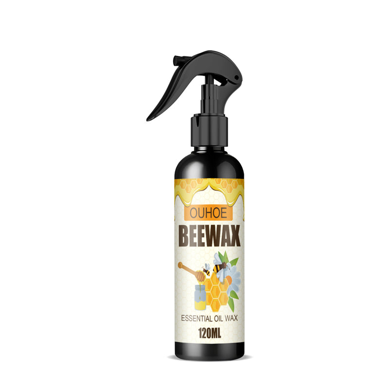 "Bivoksspray for møbelpleie, bringer glans til treoverflater, enkel sprayflaske på hvit bakgrunn."