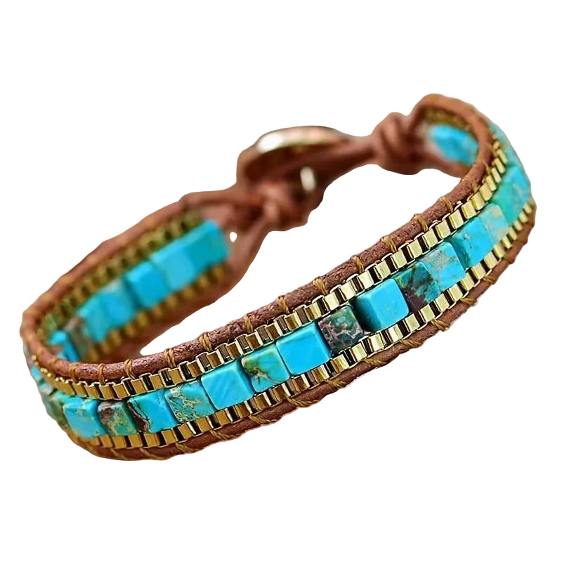 Blågrønt boho damearmbånd med naturlige steiner. Unikt smykke i festivalstil, perfekt gavetips.
