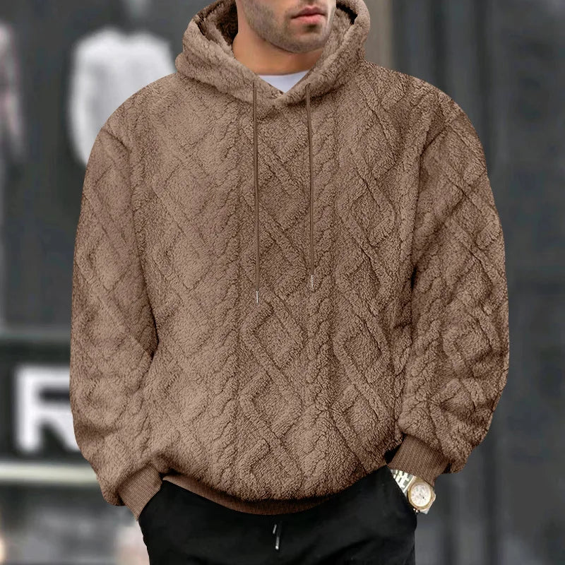Allsidig beige jacquard hettegenser til herre, kombinerer stil og hverdagskomfort.