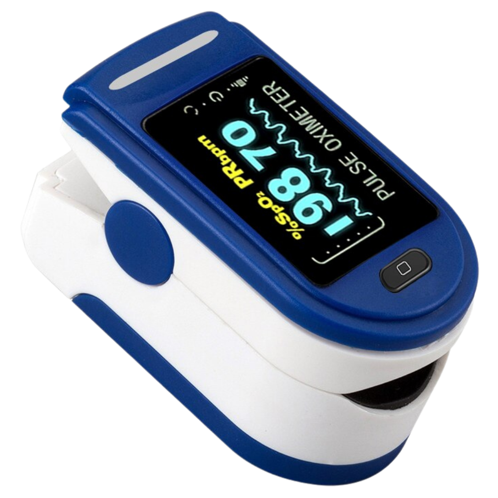 Blå digitalt fingertupp-pulsoksymeter med stor LCD-skjerm for presis oksygen- og pulsmåling. Kompakt og brukervennlig.