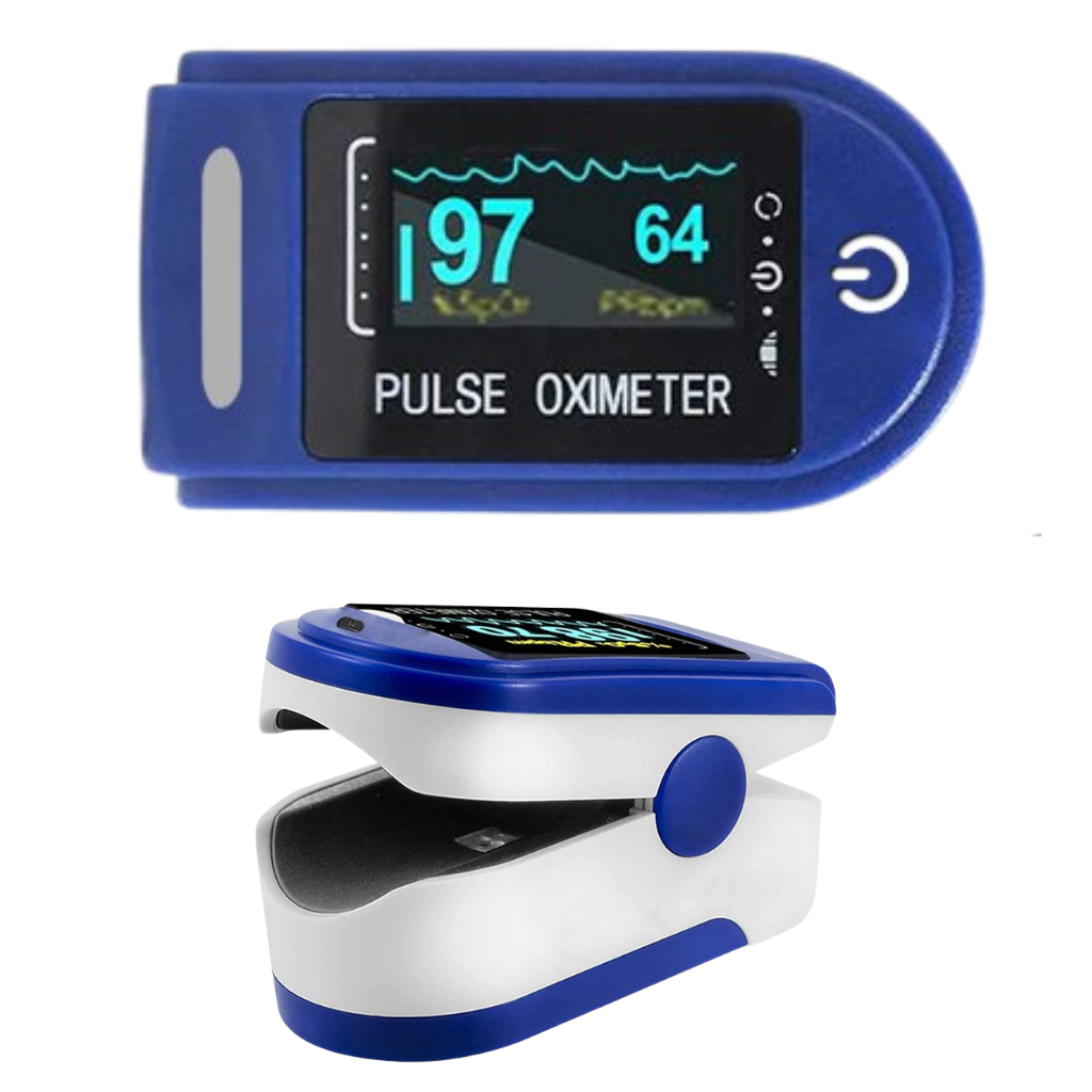 Blå digitalt fingertupp-pulsoksymeter med stor LCD-skjerm for presis oksygen- og pulsmåling. Kompakt og brukervennlig.