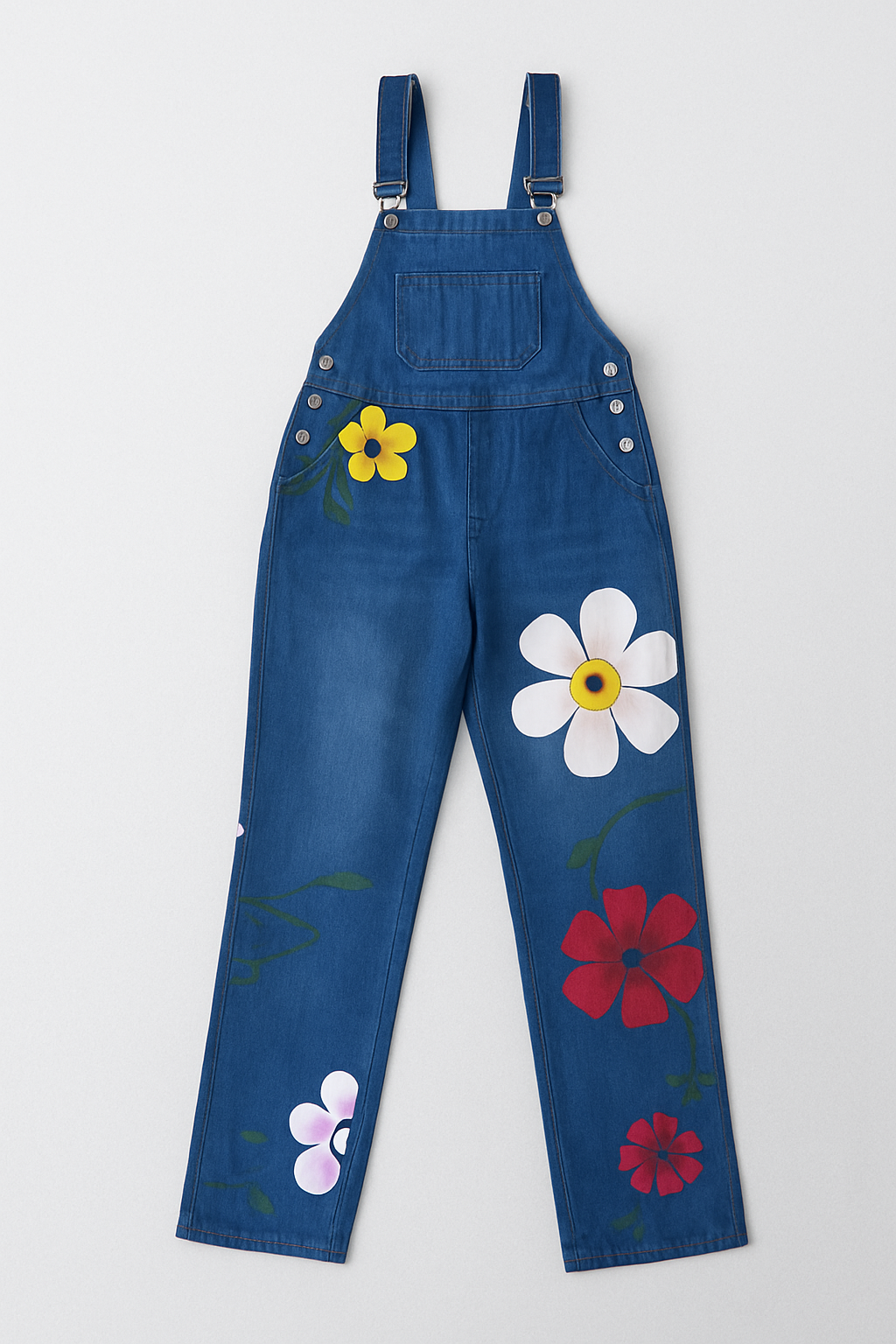 "Blomsterprintet denimjumpsuit med ermeløst design, høy midje, feminin stil i vintage denim-look"