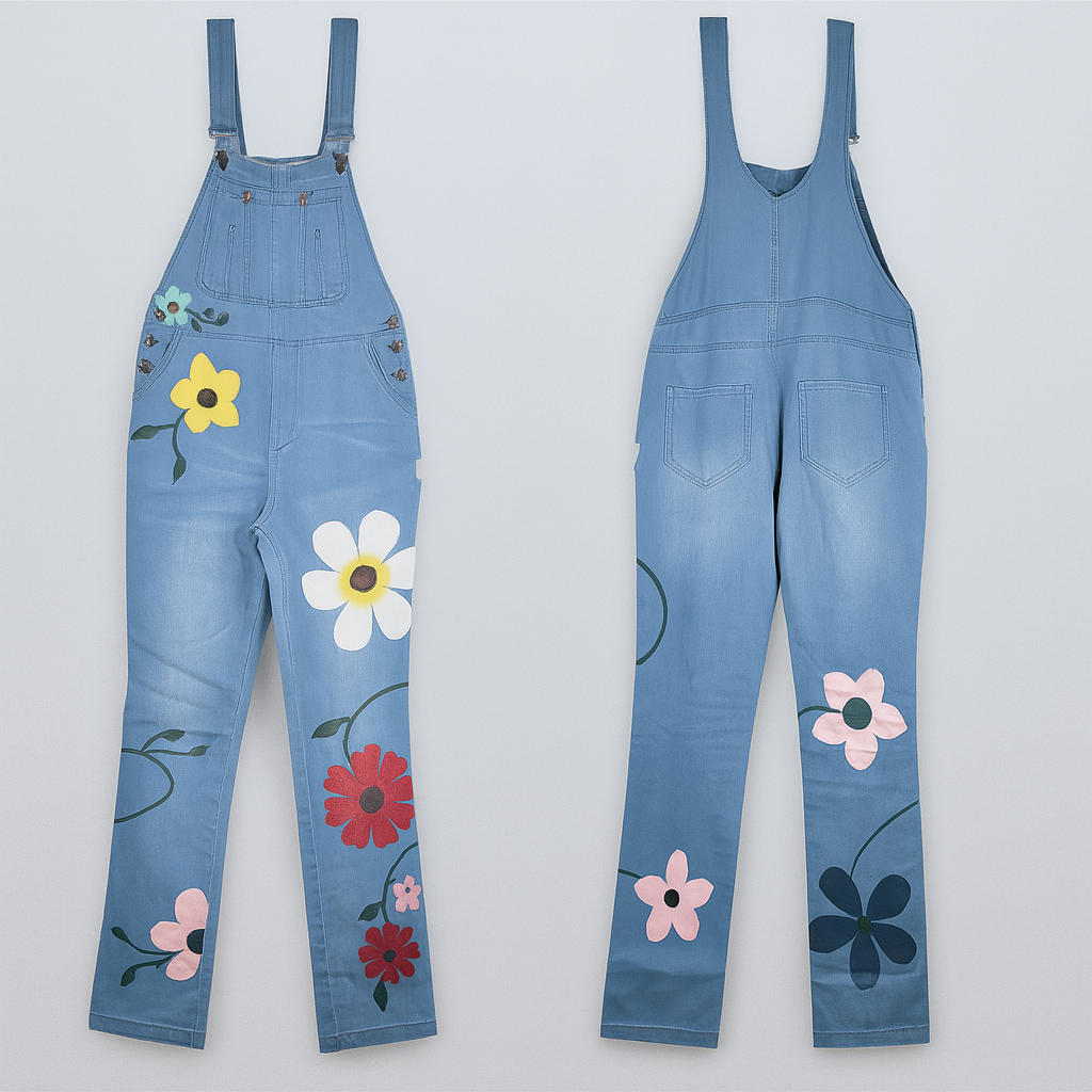 "Blomsterprintet denimjumpsuit med ermeløst design, høy midje, feminin stil i vintage denim-look"