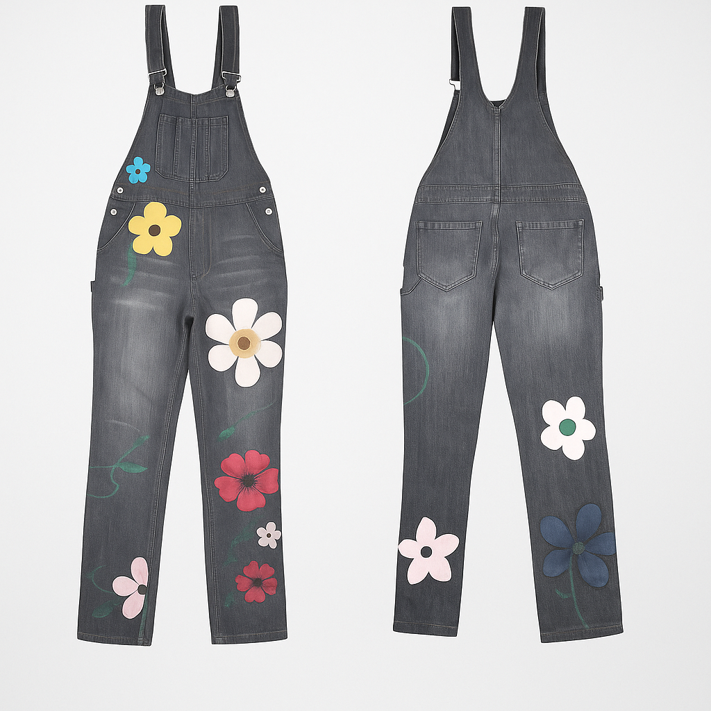 "Blomsterprintet denimjumpsuit med ermeløst design, høy midje, feminin stil i vintage denim-look"